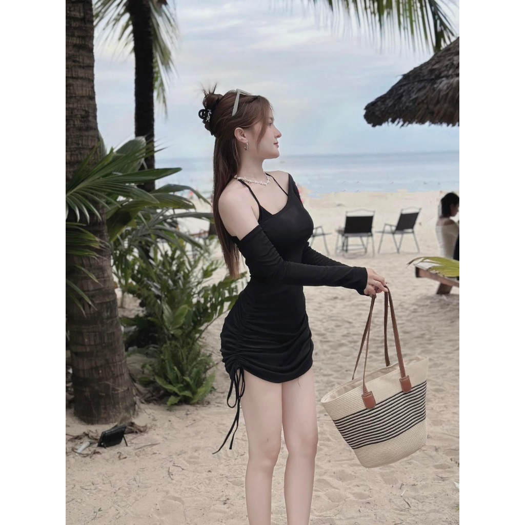 Bikini, Đồ Bơi đi biển 3 món bikini áo bra có mút kèm đầm thun giấy chuẩn hình HAN.T Shop HT004