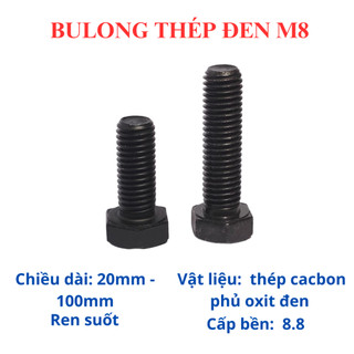 10 Bộ Bulong + tán Bulong lục giác ngoài thép đen M8 đủ size từ 20mm - 100mm. Bulong lục giác 8 li