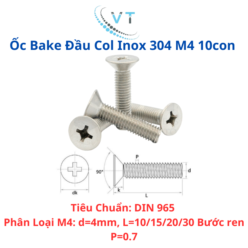 [10 Con] Bu Lông Inox 304 Đầu Bằng M4 M5 M6 M8 - Ốc Bake Đầu Côn Chống Rỉ Sét Cao Cấp
