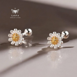 Khuyên tai nữ bạc ta Lopa, dáng khuyên hoa cúc chốt ren cá tính , thanh lịch , nhẹ nhàng , Bach LoPa Sk11