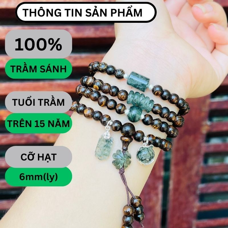 Chuỗi trầm hương sánh chìm có hộp 6ly 108 hạt mix charm ngũ điếu+lu+điếu mập+ cỏ+bàn tính+hồ ly móc bạc.