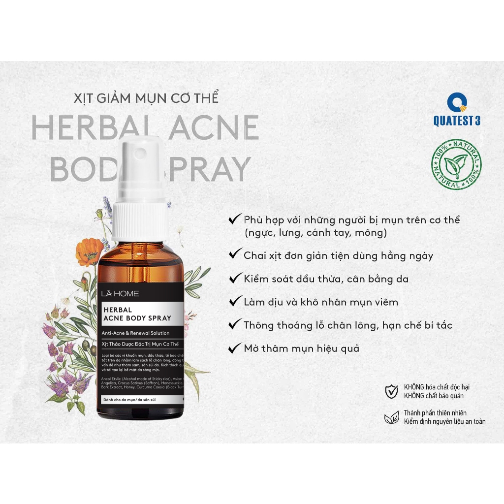 Xịt Giảm Mụn Lưng Mụn Cơ Thể - Herbal Acne Body Spray Lá Home 50ml