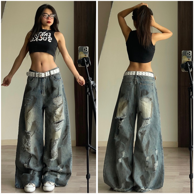 Quần jean xanh rách wash đen ống rộng style đường phố hottrend 2024 ...