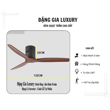 Quạt trần 3 cánh gỗ,quạt trần trang trí trần thấp chung cư phòng khách - ngủ động cơ DC 6 tốc độ gió siêu mát