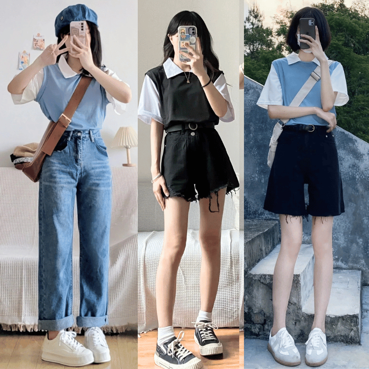 Bigsize 45-100KG Áo Polo Tay Ngắn Giả 2 Lớp Tay Ngắn Dáng Rộng Cho Nữ - MÃ 13