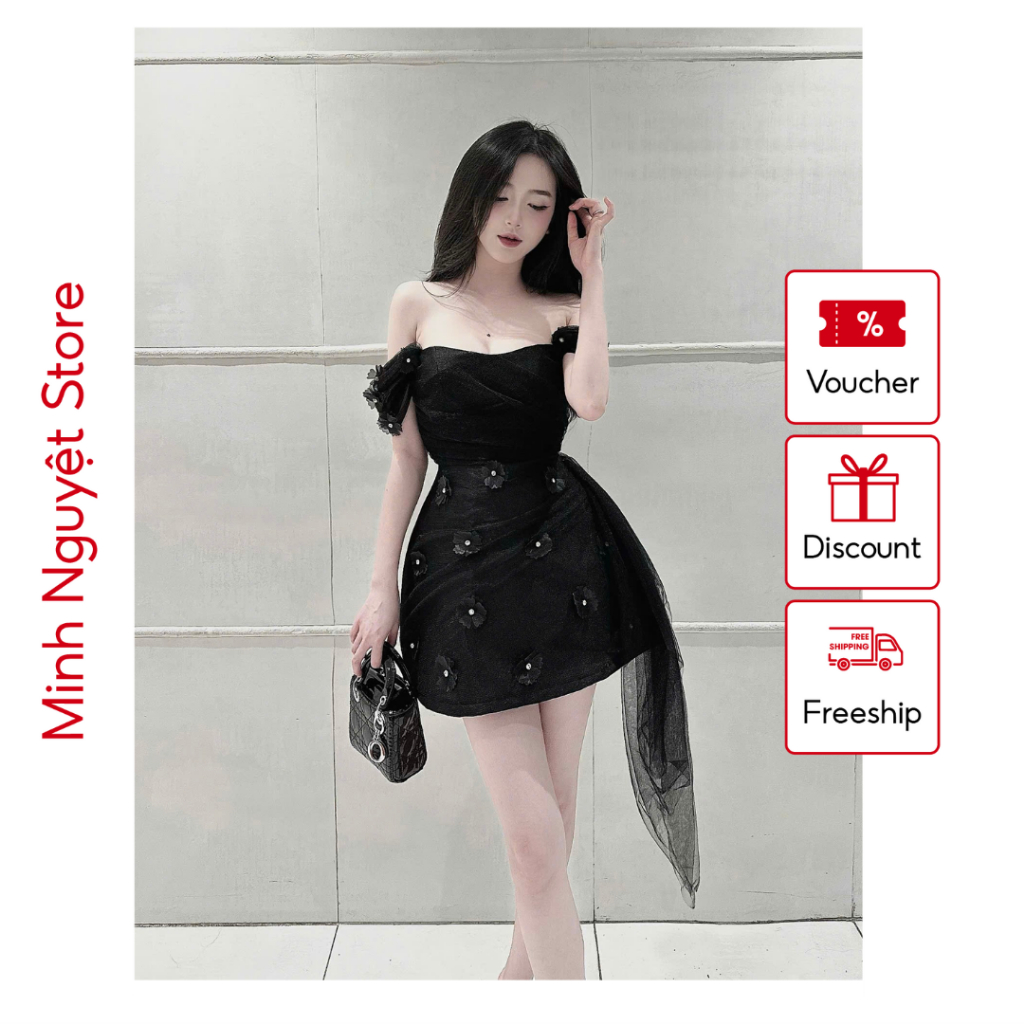 Váy Thiết Kế - Váy Tafta Trễ Vai Phối Lưới Đính Hoa Đá Vạt Hông Sang Trọng - VTK1