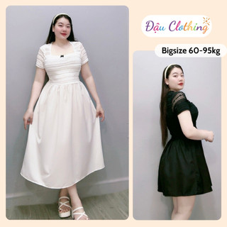 Đầm Bigsize Nữ Thiết Kế Ren Cổ Vuông Tay Ngắn Đính Nơ Dáng Xòe Thanh Lịch Cho nàng Chuby
