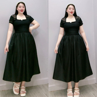 Đầm Bigsize Nữ Thiết Kế Ren Cổ Vuông Tay Ngắn Đính Nơ Dáng Xòe Thanh Lịch Cho nàng Chuby