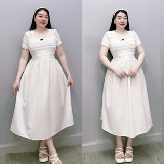 Đầm Bigsize Nữ Thiết Kế Ren Cổ Vuông Tay Ngắn Đính Nơ Dáng Xòe Thanh Lịch Cho nàng Chuby