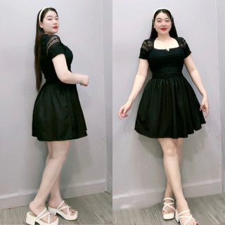 Đầm Thiết Kế Bigsize Nữ Phối Ren Cổ Vuông Tay Ngắn Dáng Xòe Thanh Lịch G673 G674