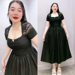 Đầm Thiết Kế Bigsize Nữ Phối Ren Cổ Vuông Tay Ngắn Dáng Xòe Thanh Lịch G673 G674