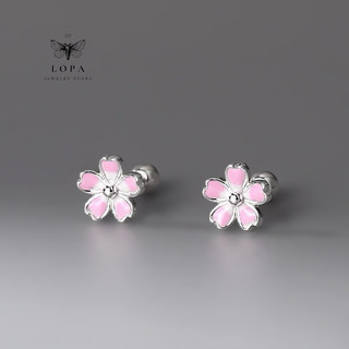 Khuyên tai nữ bạc Lopa, dáng khuyên hoa đào chốt ren Sk001 cá tính , điệu đà , thanh lịch,xinh xắn Bạc LoPa