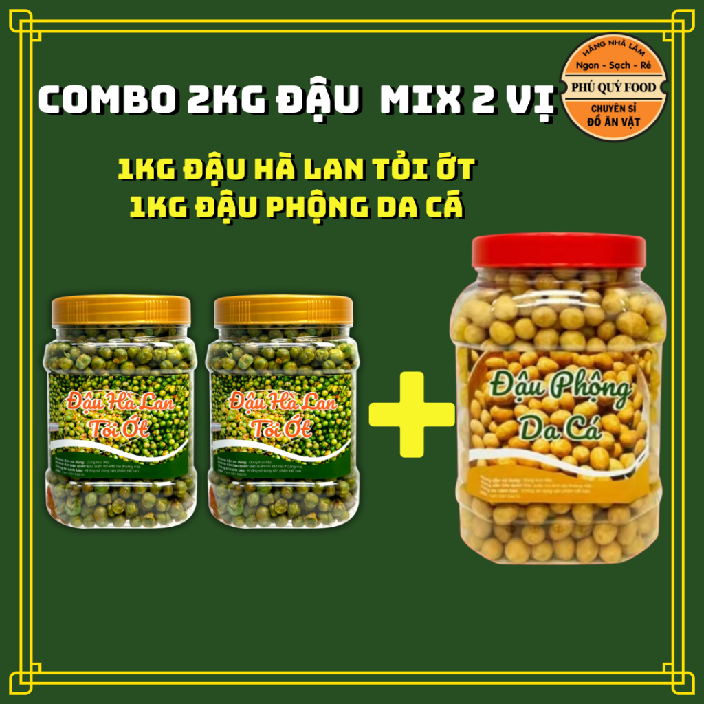 Combo 2Kg Đậu Mix 4 Vị [500g Đậu Phộng Tỏi Ớt + 500g Đậu Phộng Cốt Dừa + 500g Đậu Hà Lan Tỏi Ớt + 500g  Da Cá Tỏi ớt ]