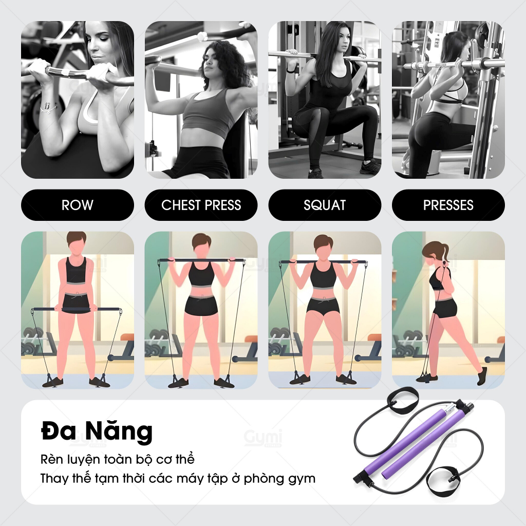 Thanh Tập Pilates Đa Năng - Có Dây Kháng Lực - Tập Toàn Thân, Tay, Lưng, Ngực, Mông, Chân, Đùi - ThanhPilates