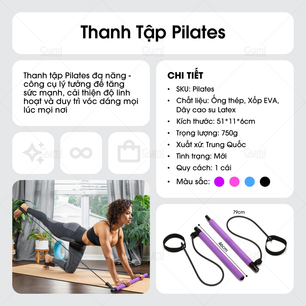 Thanh Tập Pilates Đa Năng - Có Dây Kháng Lực - Tập Toàn Thân, Tay, Lưng, Ngực, Mông, Chân, Đùi - ThanhPilates