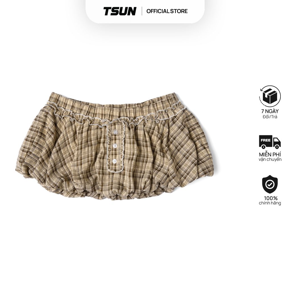 Ảnh Váy Ngắn Caro Bí Màu Nâu Vàng Dáng Phồng Brand TSUN Chính Hãng [Có Quần Bảo Hộ] Váy Nữ, Mini Skirt 1