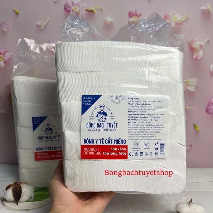 Bông gòn y tế sơ cứu vết thương cắt sẵn gói 500gr size 5x5 – Bông Bạch tuyết gói 0.5kg size 5x5