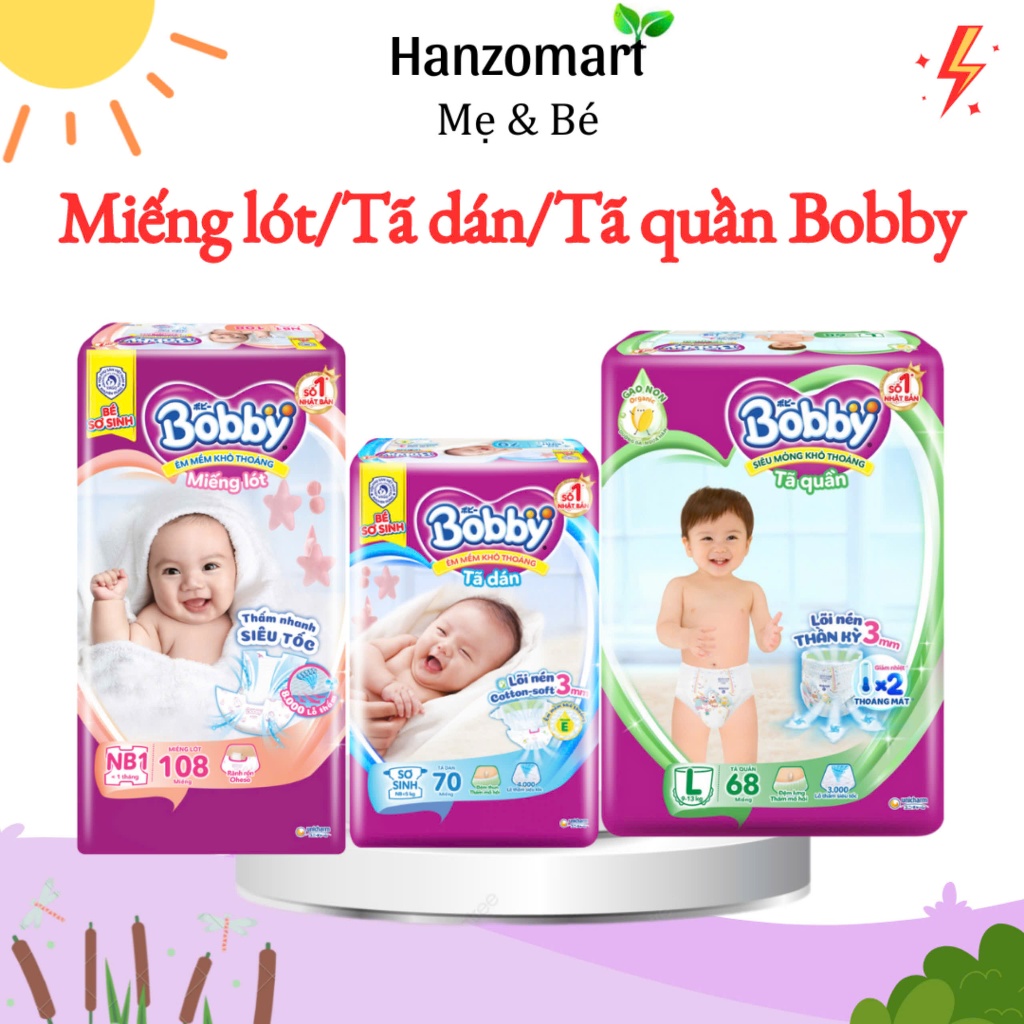 Tã Bỉm Bobby quần size NB108+9, Xs38+4, S54+6, M60+8, L52, XL48