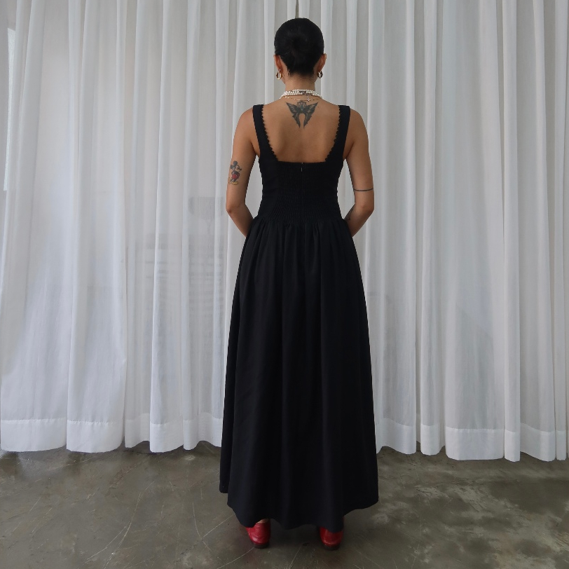SUNDAY - CAPRI DRESS - Đầm Linen Maxi, Phối Ren Hai Dây Bản To.