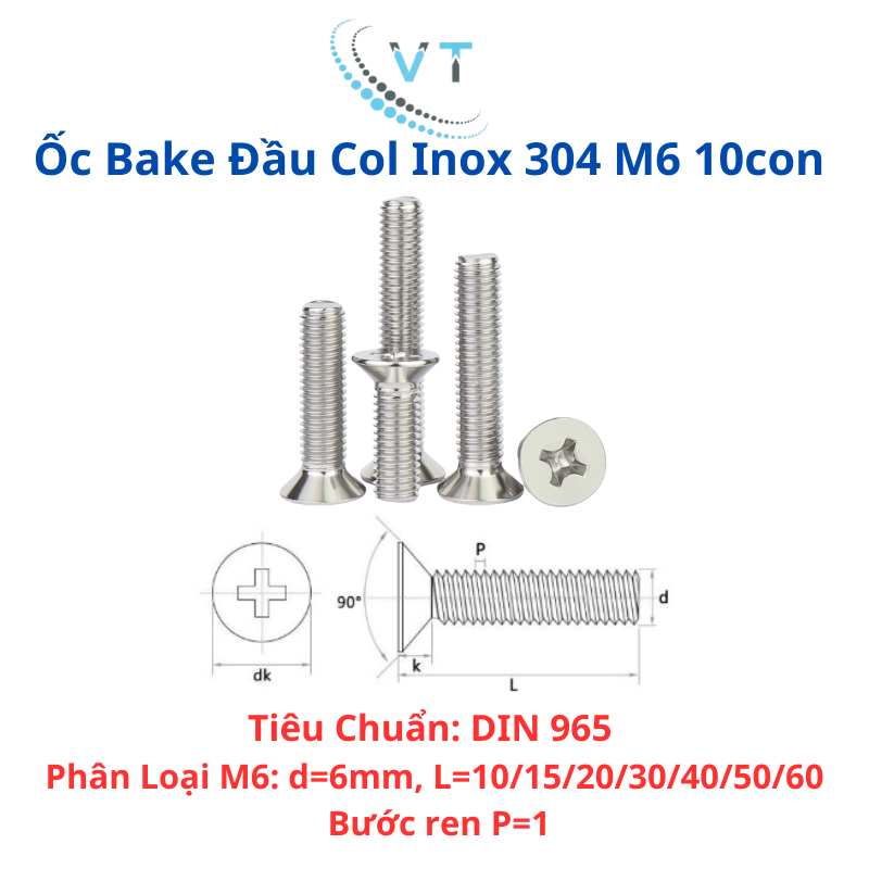[Túi 10 Con] Bu Lông Inox 304 Đầu Bằng M6 (Đầu Côn) - Vít Bake Đầu Col Inox Siêu Bền, Chống Gỉ Sét, Đủ Size 10mm - 50mm🔩