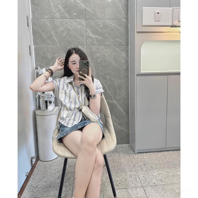 Áo sơ mi nữ dáng croptop tay ngắn có túi trước ngực kèm dây rút eo Jumito, áo thun nữ kiểu sơ Hàn Quốc HCOM2917