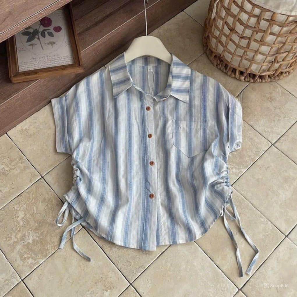 Áo sơ mi nữ dáng croptop tay ngắn có túi trước ngực kèm dây rút eo Jumito, áo thun nữ kiểu sơ Hàn Quốc HCOM2917
