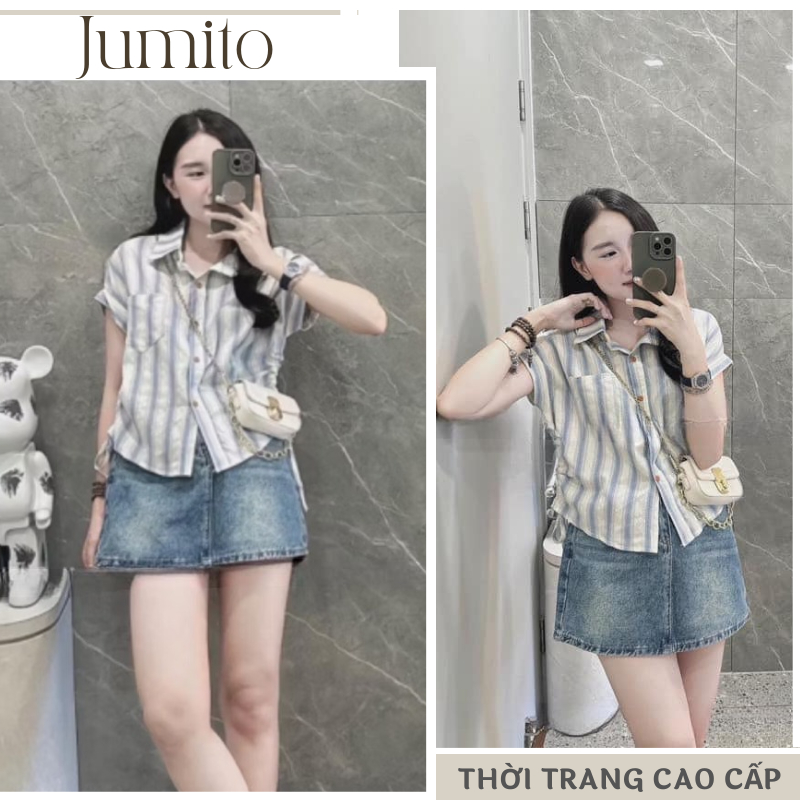 Áo sơ mi nữ dáng croptop tay ngắn có túi trước ngực kèm dây rút eo Jumito, áo thun nữ kiểu sơ Hàn Quốc HCOM2917