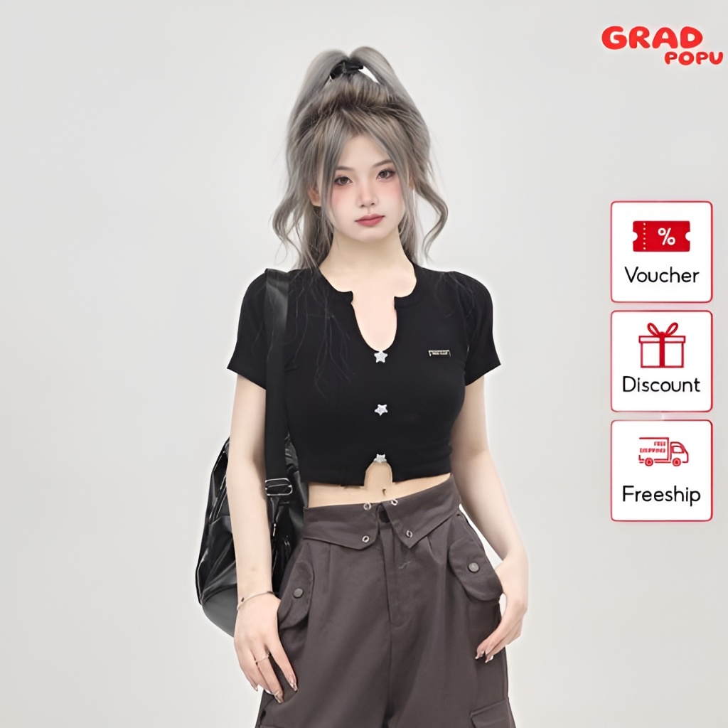 Áo croptop nữ GRADPOPU PAT43 tay ngắn cổ V xẻ tà đính khuy độc đáo, áo kiểu nữ dáng ôm chất thun mềm mịn thoáng mát