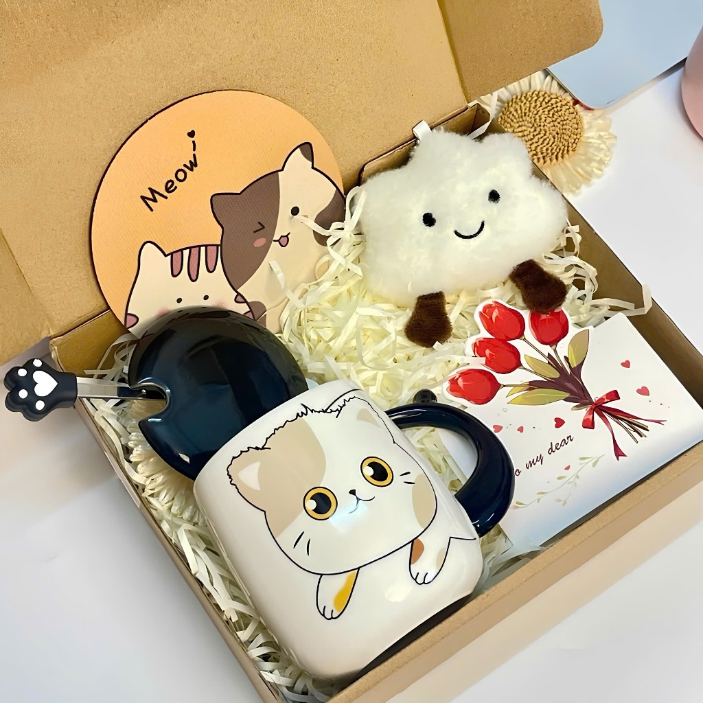 Set Quà Tặng Cốc Sứ Mèo Con Dễ Thương, Gấu Thiệp Sinh Nhật, Tốt NghiệpTặng Bạn Bè Người Thân Kèm Lót Ly Xinh Xắn