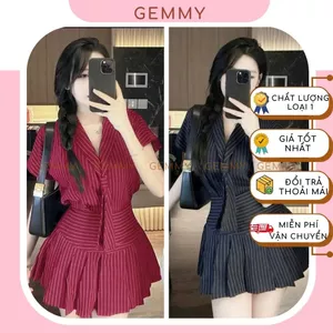 Đầm vest, Set váy sơ mi công sở, áo sơ mi cổ vest cà vạt, chân váy xếp ly ôm eo co giãn có lót quần chất kaki lụa -GEMMY