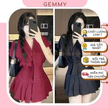 Đầm vest, Set váy sơ mi công sở, áo sơ mi cổ vest cà vạt, chân váy xếp ly ôm eo co giãn có lót quần chất kaki lụa -GEMMY