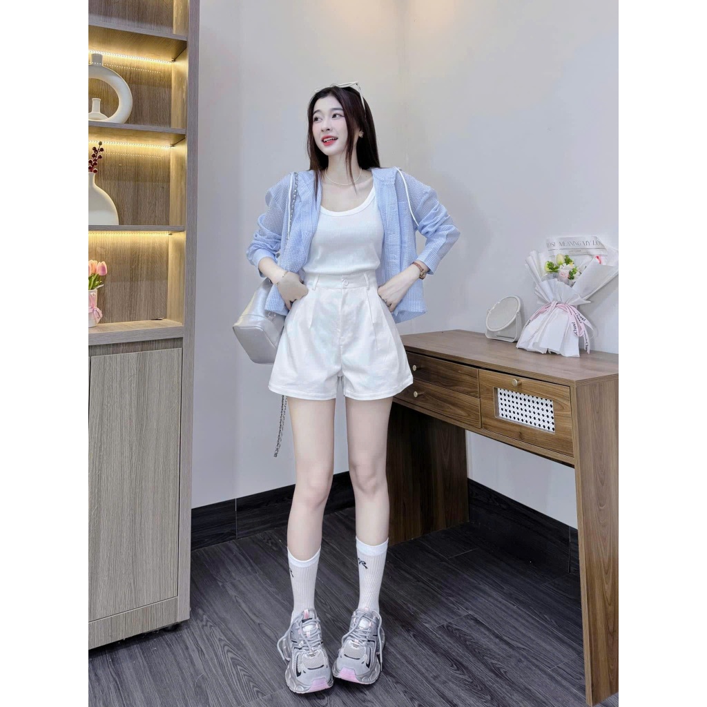 Set 3 Món - Áo 2 Dây Phối Sơ Mi Dài Tay Sọc Kẻ Xanh Có Mũ Mix Quần Đùi Trắng Xinh Mê Xưởng Bảo Ngọc