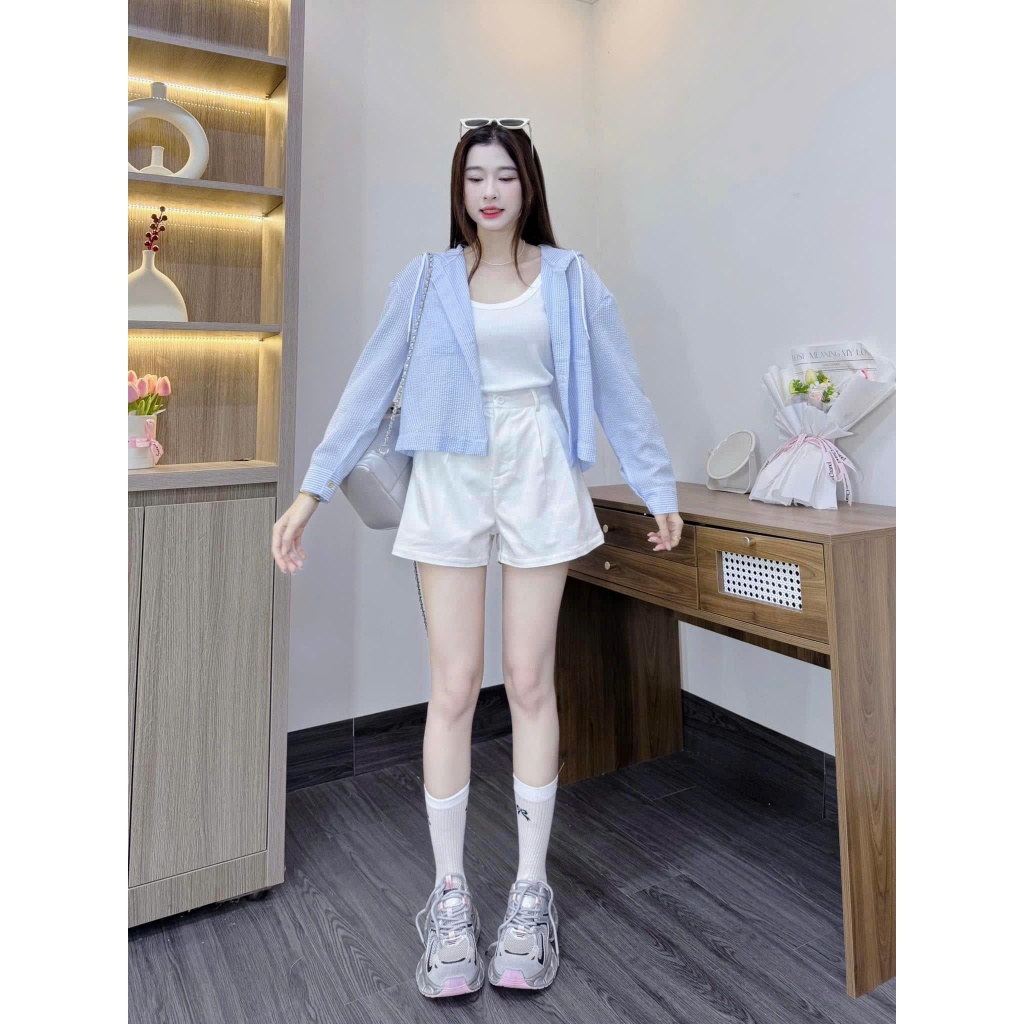 Set 3 Món - Áo 2 Dây Phối Sơ Mi Dài Tay Sọc Kẻ Xanh Có Mũ Mix Quần Đùi Trắng Xinh Mê Xưởng Bảo Ngọc