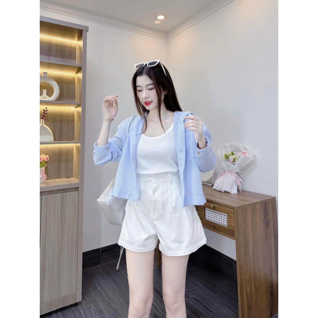 Set 3 Món - Áo 2 Dây Phối Sơ Mi Dài Tay Sọc Kẻ Xanh Có Mũ Mix Quần Đùi Trắng Xinh Mê Xưởng Bảo Ngọc