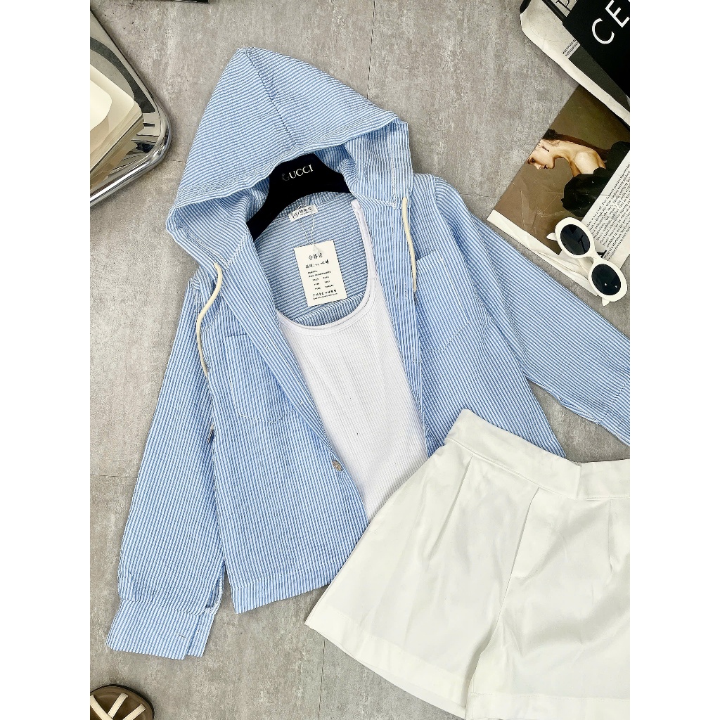 Set 3 Món - Áo 2 Dây Phối Sơ Mi Dài Tay Sọc Kẻ Xanh Có Mũ Mix Quần Đùi Trắng Xinh Mê Xưởng Bảo Ngọc