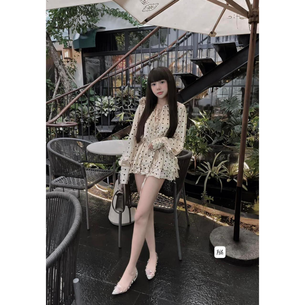 Váy nữ thiết kế phong cách tiểu thư Jumito, đầm nữ tay bồng hoạ tiết chấm bi chất liệu vải đũi mát mẻ HCOM2901