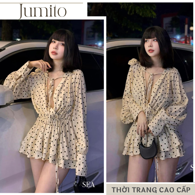 Váy nữ thiết kế phong cách tiểu thư Jumito, đầm nữ tay bồng hoạ tiết chấm bi chất liệu vải đũi mát mẻ HCOM2901