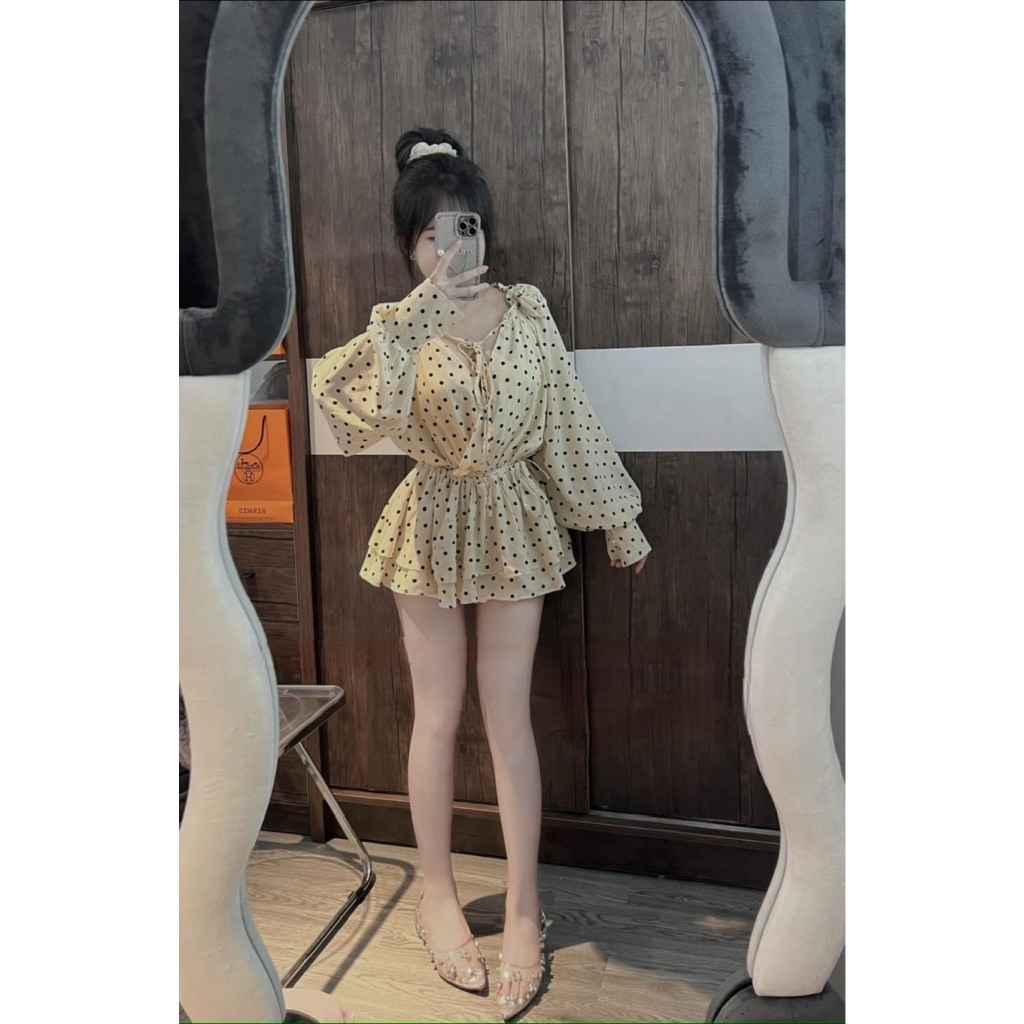 Váy nữ thiết kế phong cách tiểu thư Jumito, đầm nữ tay bồng hoạ tiết chấm bi chất liệu vải đũi mát mẻ HCOM2901