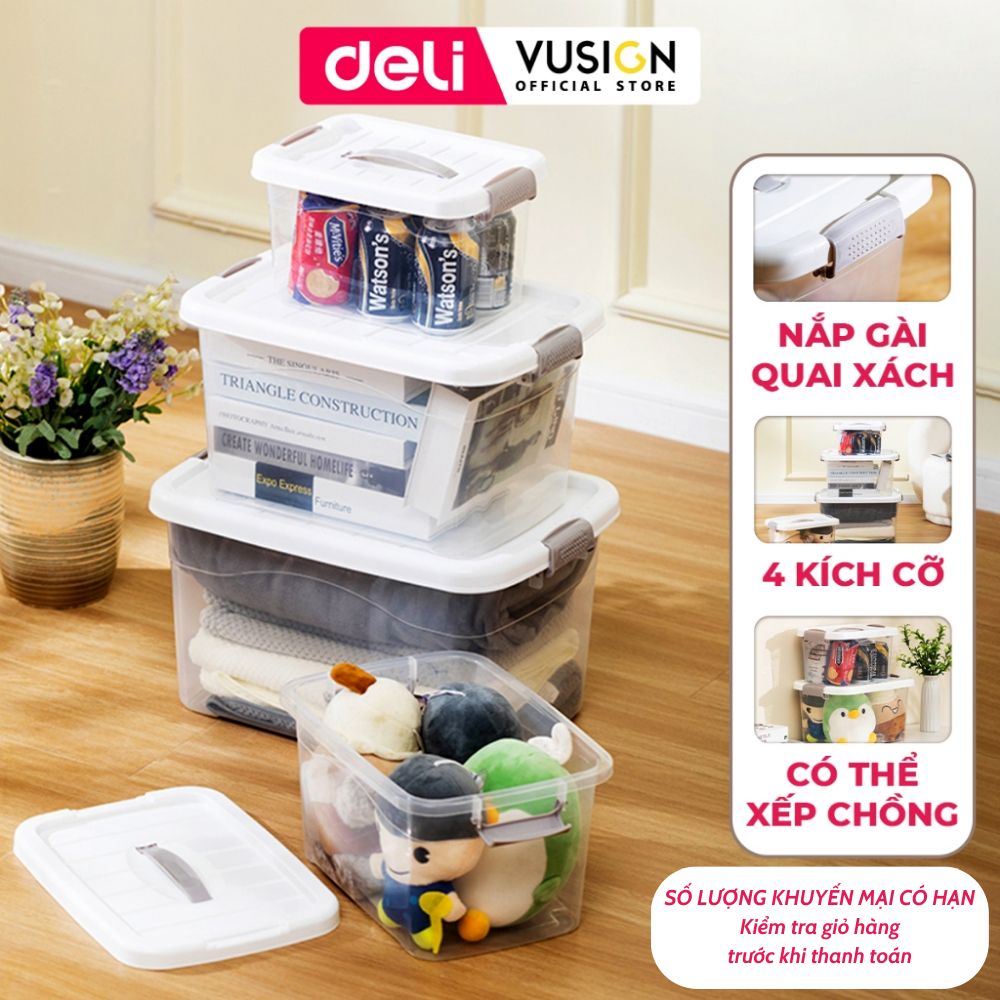 [NEW] Hộp Nhựa Đựng Đồ Trong Suốt Có Nắp Gài DELI - Thùng Nhựa Đa Năng Quần Áo, Đồ Chơi Sách