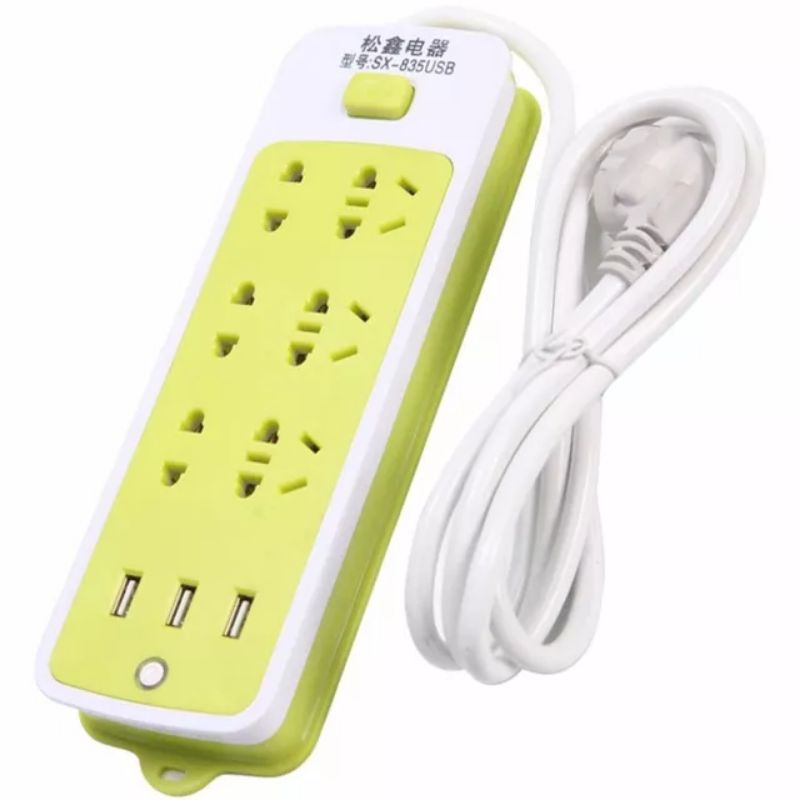 Ổ Cắm Điện Đa Năng Màu Xanh 3 Cổng USB 6 Phích Cắm Ca Chống Giật Dây Chịu Tải 2000W
