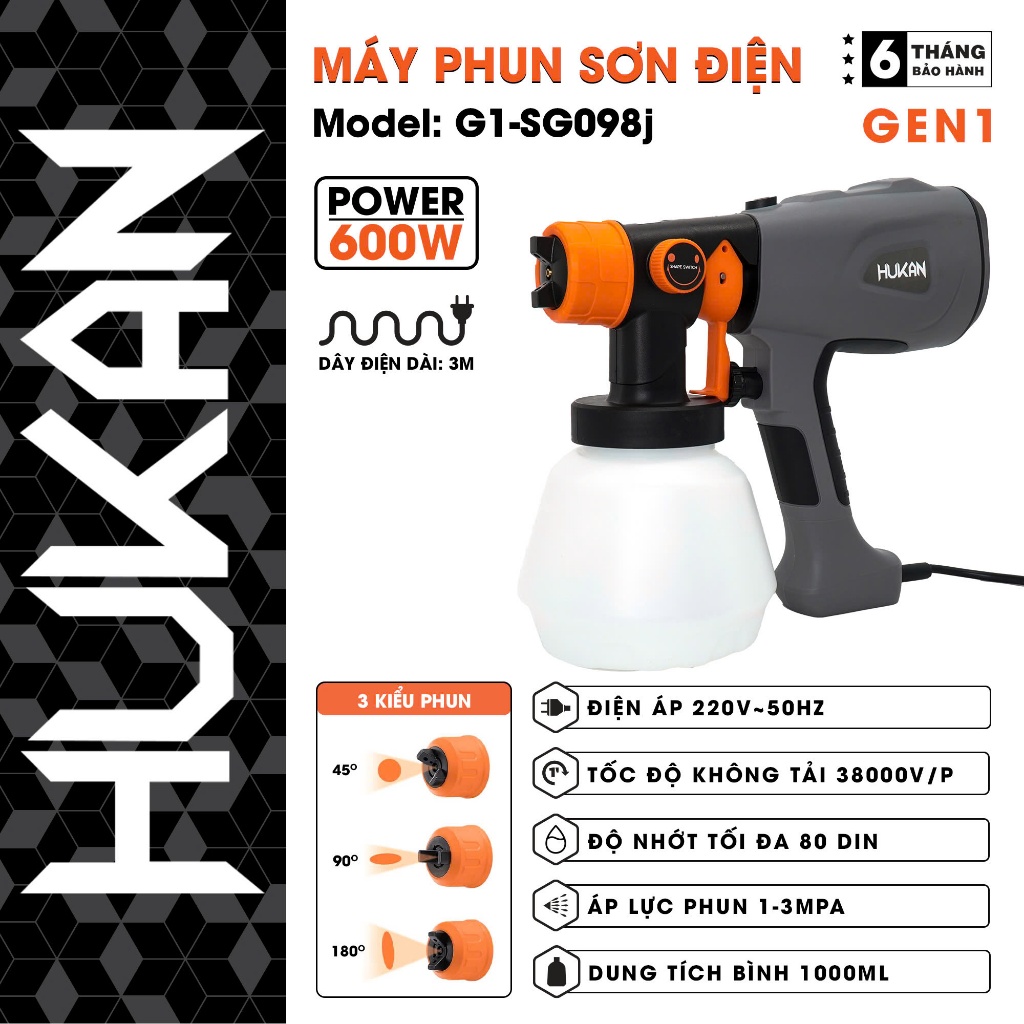 Máy Phun Sơn Điện HUKAN G1-SG098J| Công suất 600W, Tốc độ không tải: 38000 vòng/phút,  Điện áp: 220V~50Hz, BH 6 Tháng