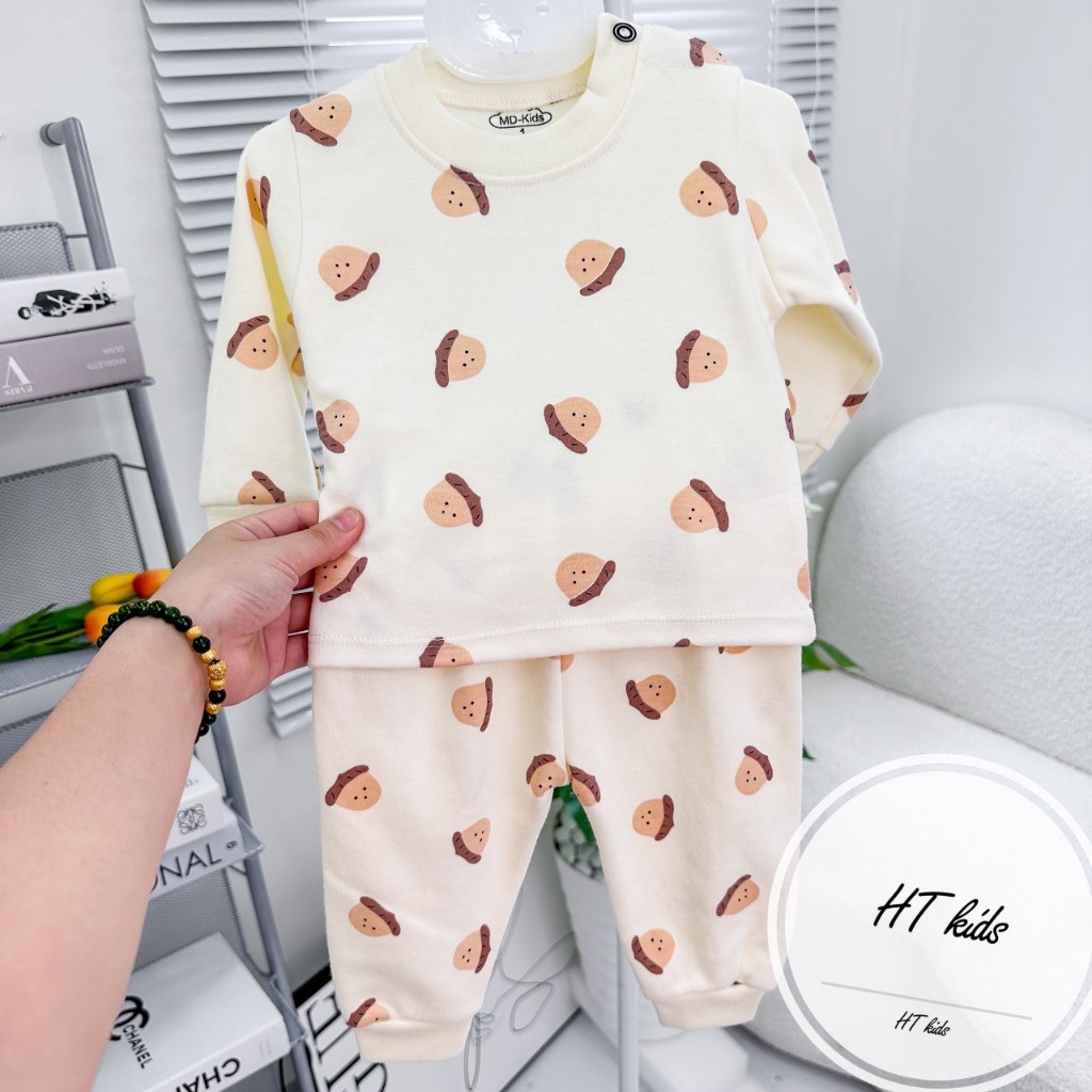 Bộ quần áo COTTON NỈ HÀN dài tay cài vai thu đông nền trắng kem cho bé trai bé gái 4-14kg mesocshop