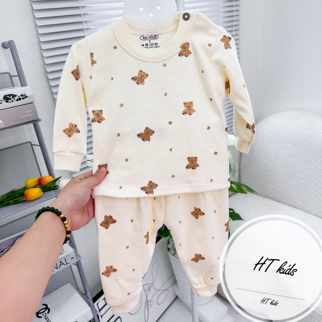 Bộ quần áo COTTON NỈ HÀN dài tay cài vai thu đông nền trắng kem cho bé trai bé gái 4-14kg mesocshop