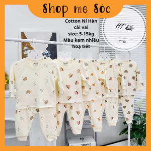 Bộ quần áo COTTON NỈ HÀN dài tay cài vai thu đông nền trắng kem cho bé trai bé gái 4-14kg mesocshop