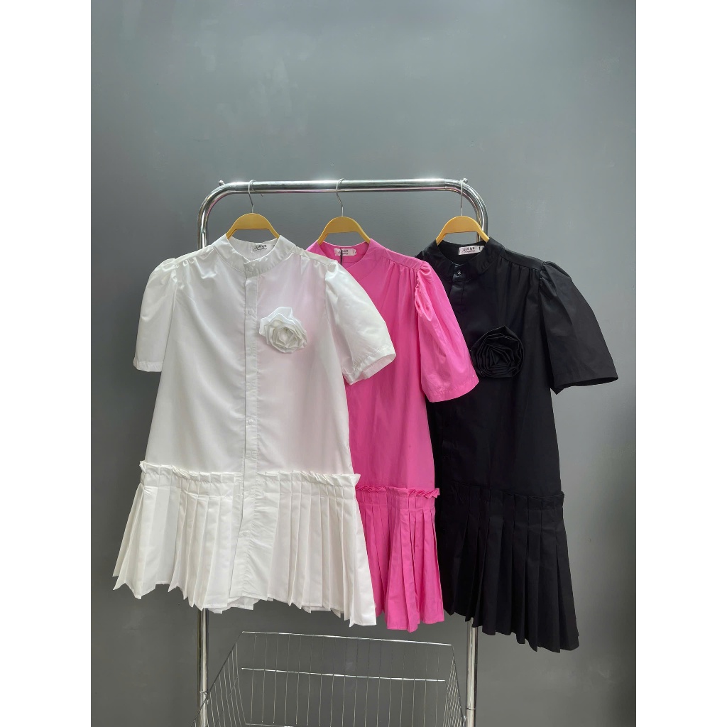 Váy Babydoll Đính Hoa Hồng 3D Dáng Hạ Eo Xếp Ly Tay Bồng, Đầm Thô Cổ Trụ Cài Cúc Phong Cách Tiểu Thư - CHAMIE STUDIO
