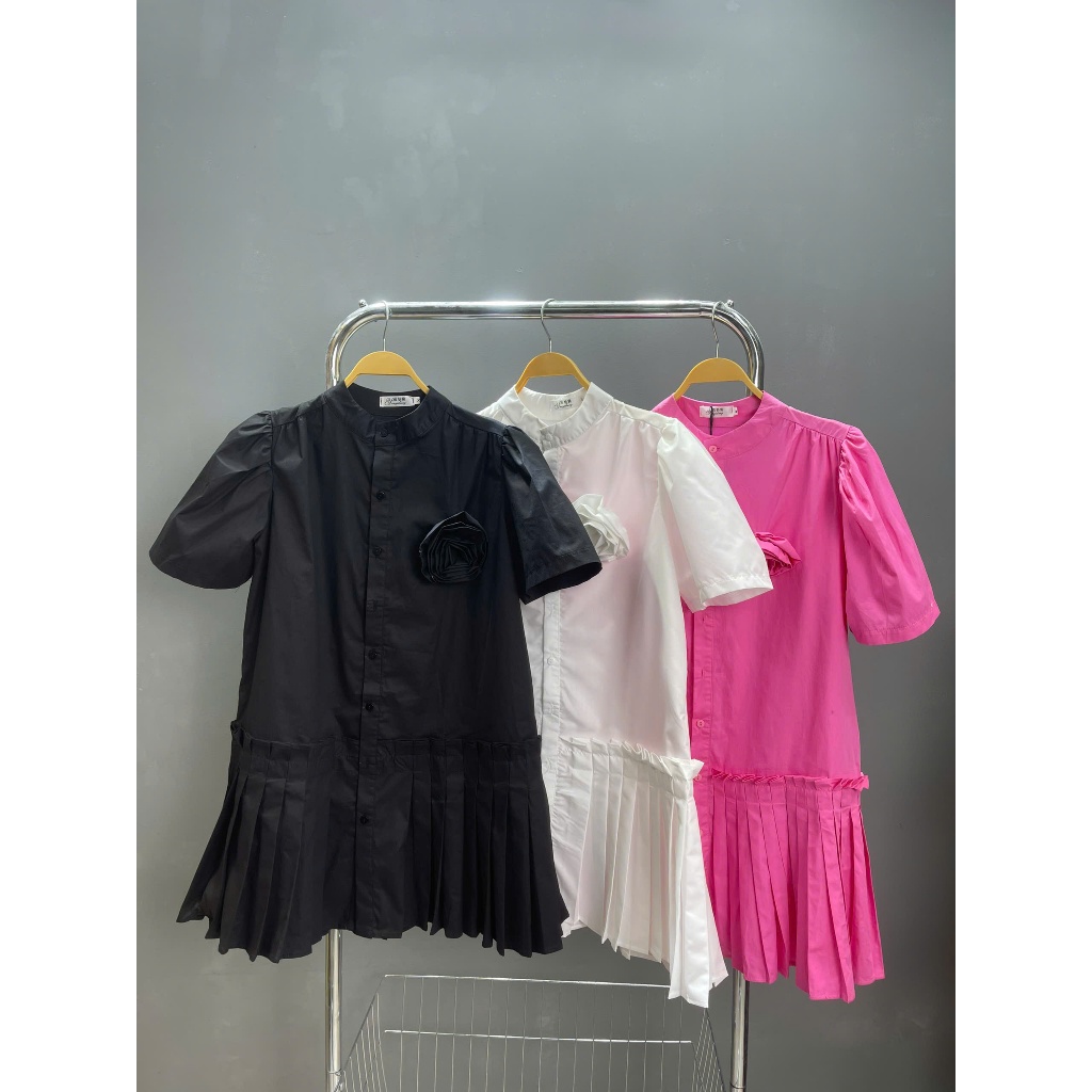 Váy Babydoll Đính Hoa Hồng 3D Dáng Hạ Eo Xếp Ly Tay Bồng, Đầm Thô Cổ Trụ Cài Cúc Phong Cách Tiểu Thư - CHAMIE STUDIO