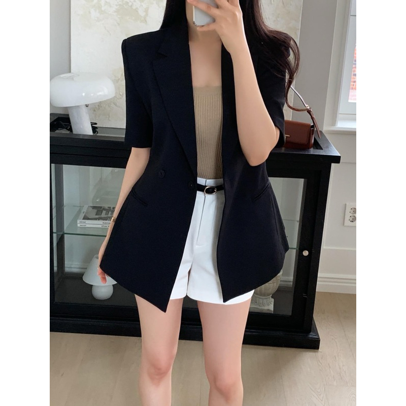 Áo blazer nữ đen ngắn tay có chiết eo [MAY THEO SỐ ĐO]
