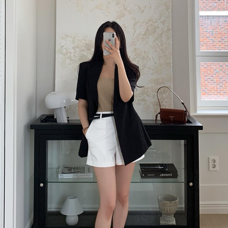 Áo blazer nữ đen ngắn tay có chiết eo [MAY THEO SỐ ĐO]