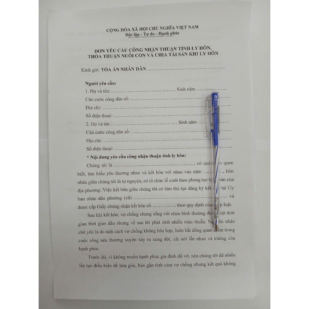 ĐƠN THUẬN TÌNH SOẠN SẴN 04 BẢN TẶNG KÈM 01 CÂY VIẾT GIẤY A4