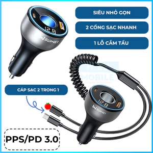 Tẩu sạc ô tô nhỏ gọn 1 lỗ chờ, 2 cổng sạc nhanh kèm dây cáp xoắn 2 in 1 BUWEI